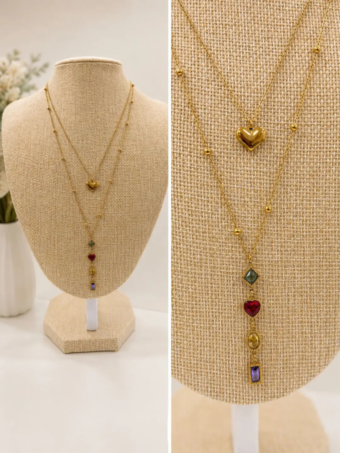 COLLIER DOUBLE CHAINE COEUR & ZIRCON MULTICOLORES