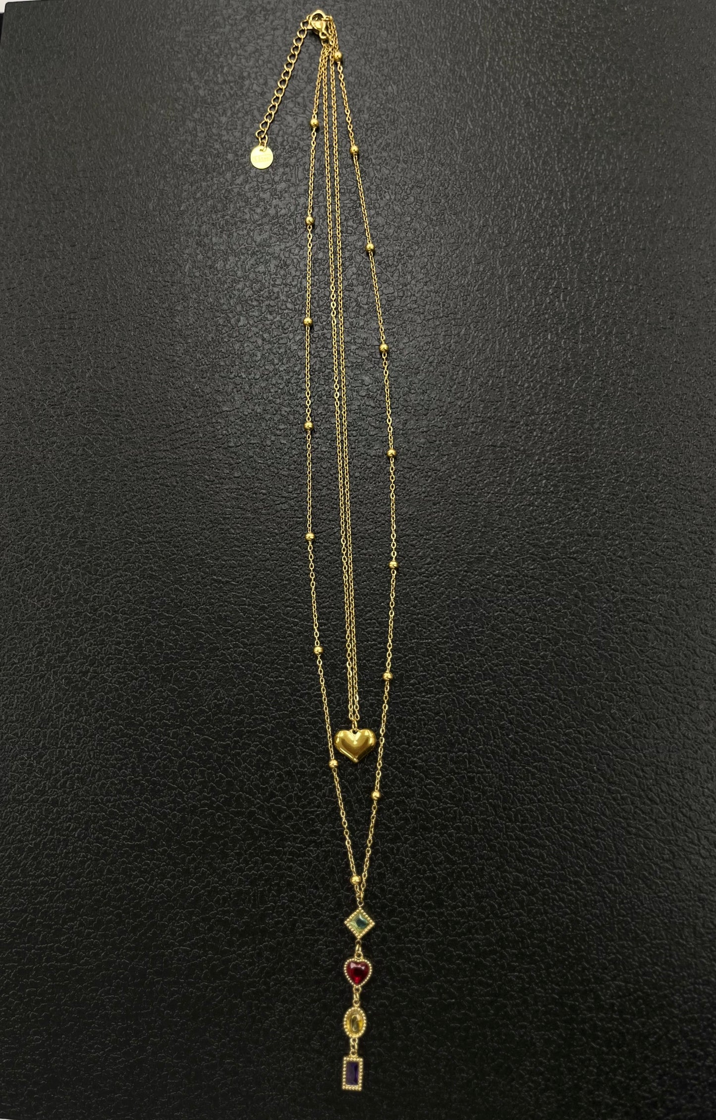 COLLIER DOUBLE CHAINE COEUR & ZIRCON MULTICOLORES