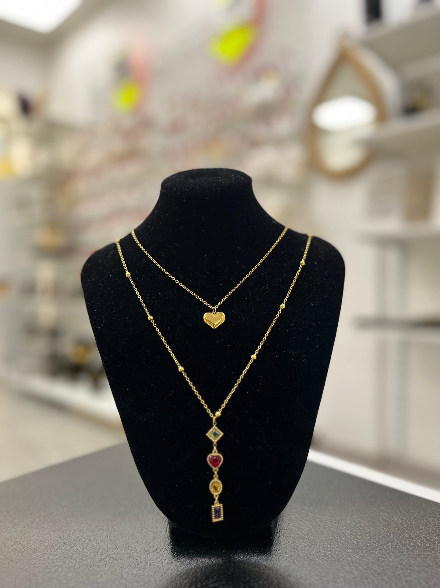 COLLIER DOUBLE CHAINE COEUR & ZIRCON MULTICOLORES